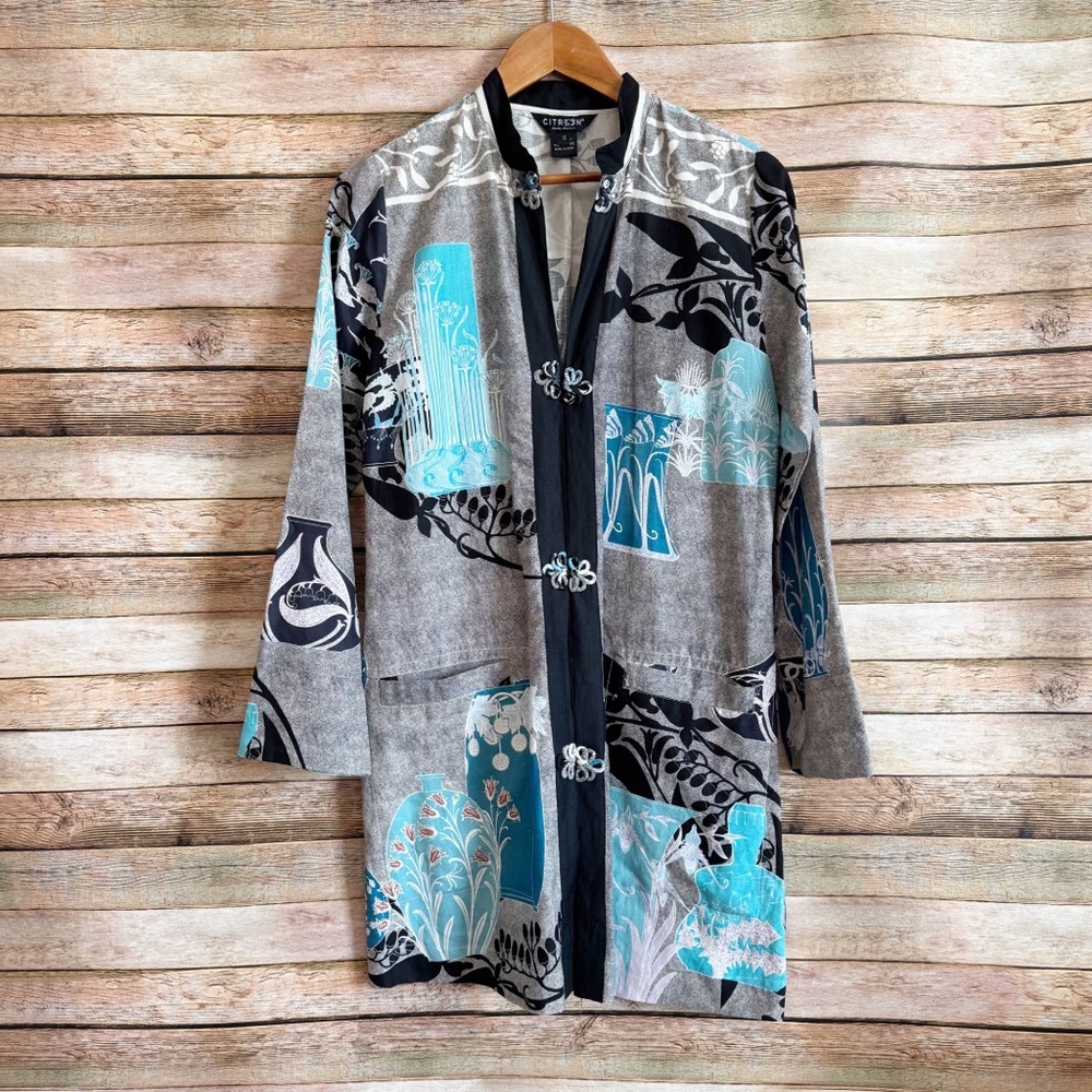 Citron Santa Monica Vase Asian Floral Silk Linen Frog Button Down Tunic Top S